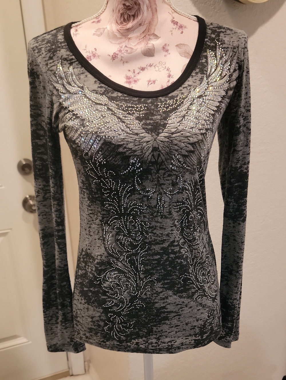 Miss Me Gray Velvet Long-Sleeve Rhinestone Wing Top